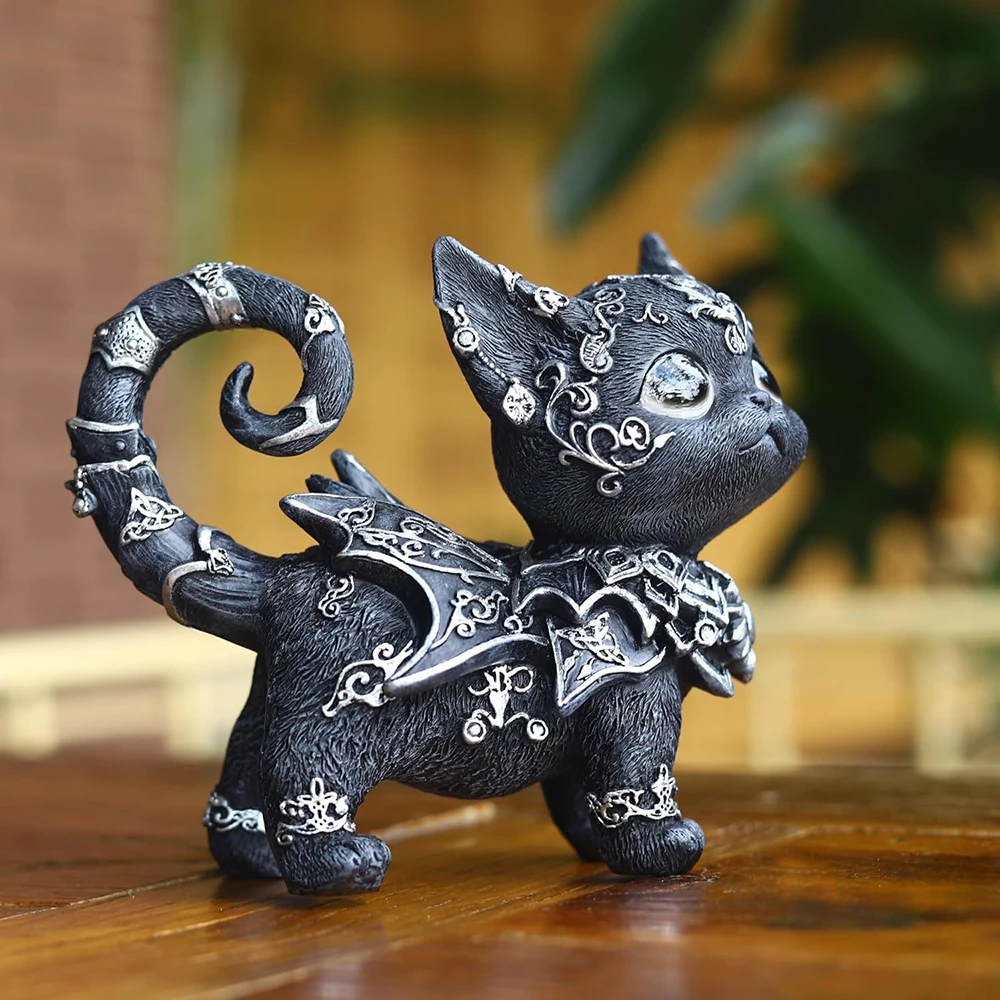 Mystical Black Cat Statue Halloween Decoration Elegant Accented Kitten Sculpture Intricate Gothic Home Decor Enchanting Figurine
