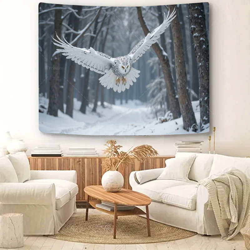 قطعة واحدة من نسيج الجدار البومة الثلجية في نسيج الغابات الشتوية - فن تعليق على الحائط لمشهد الطبيعة #5