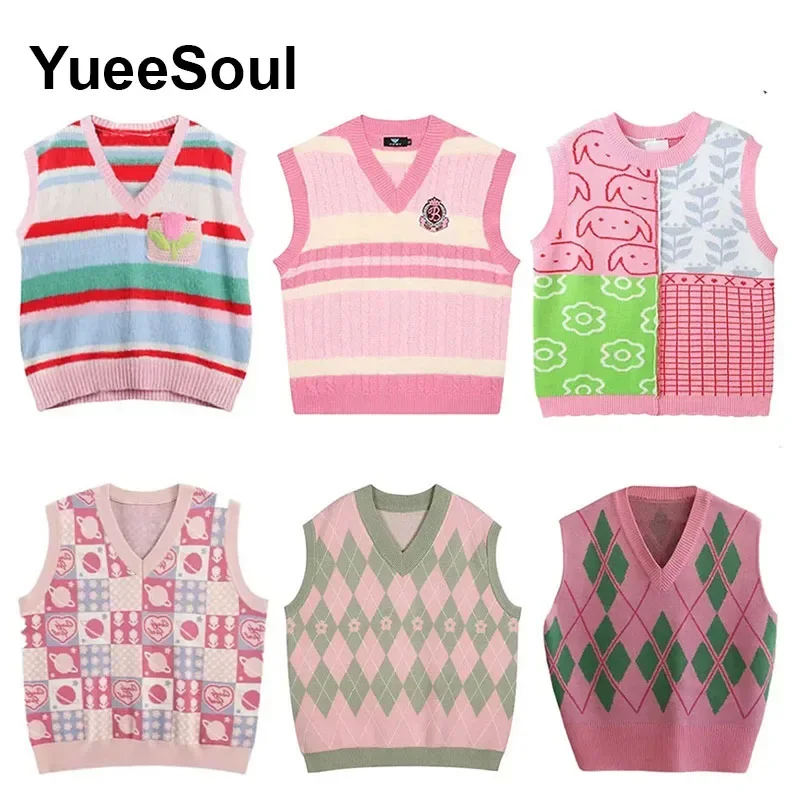 Sweet Cute Pink Knitted Women Sweater Vest Sleeveless Loose Oversized Knitwears 2023 New Y2K Fairycore Korean Style Knit Vest