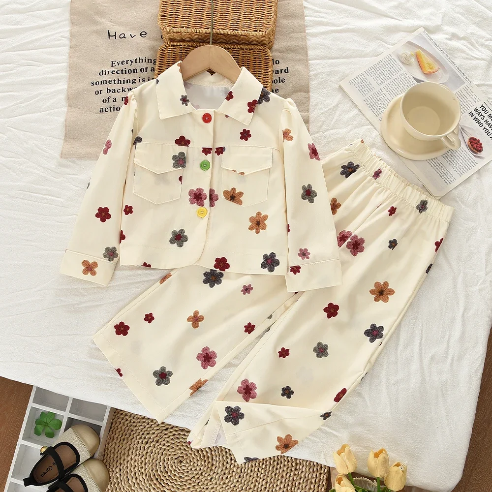 Korean Version Beige Autumn Girls' Clothing Spring Floral Print Long Sleeved Lapel Jacket Top and Pants Children's Casual Wear