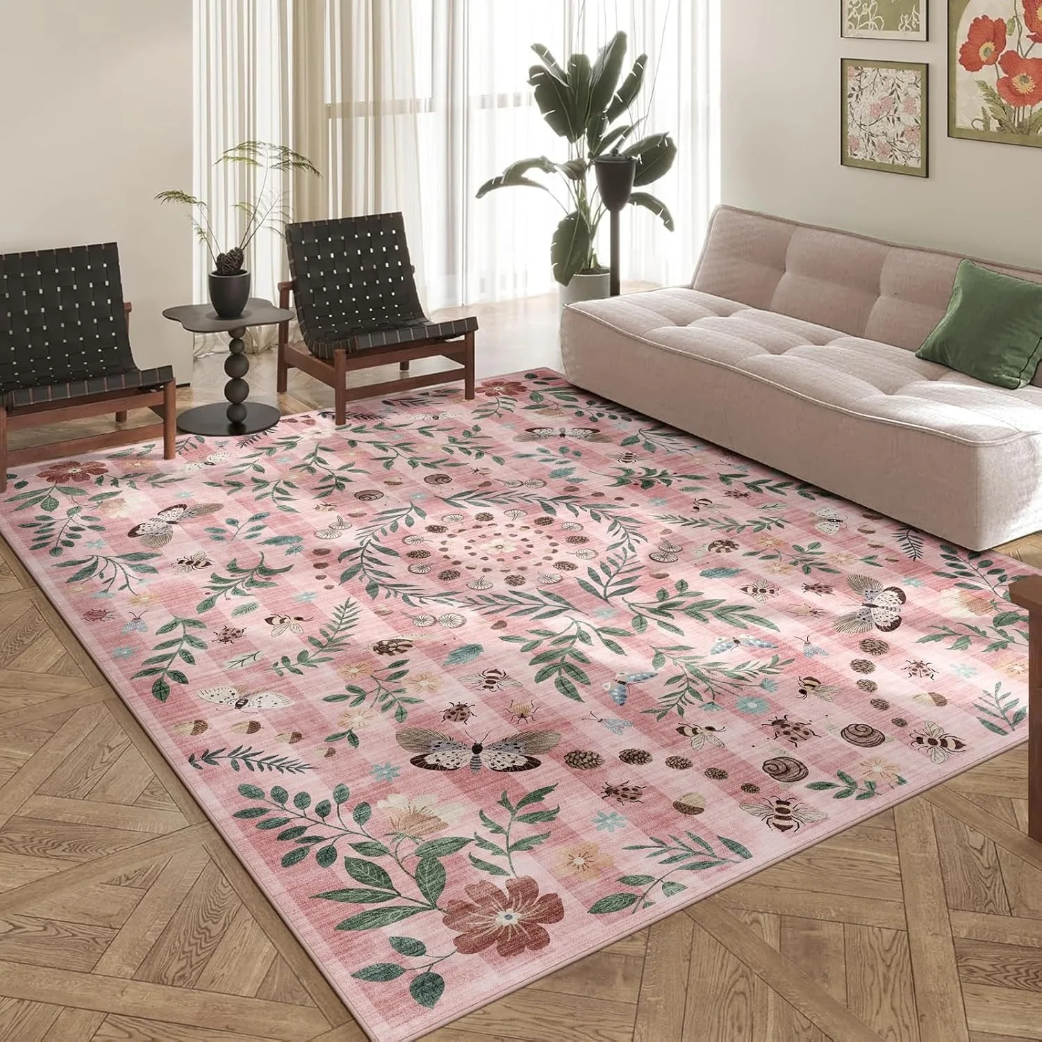 

Pink Living Room Carpet Plant Flower Butterfly Carpets Machine Washable Non-slip Rug Home Decoration Bedroom Bedside Floor Mat