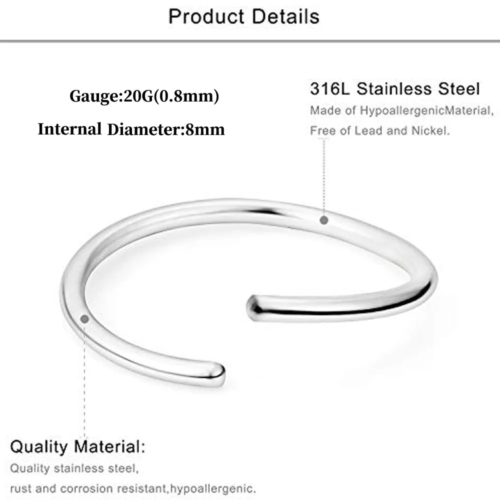 20G Nose Rings Hoops Surgical Steel Simple Hoop 8mm Tragus Cartilage Helix Earring Septum Eyebrow Lip Ear Body Piercing