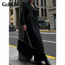 8.10 GuliChic Women Genuine Leather Jacket Autumn Winter Temperament Lapel Double Breasted With Belt Slim Long Trench Coat