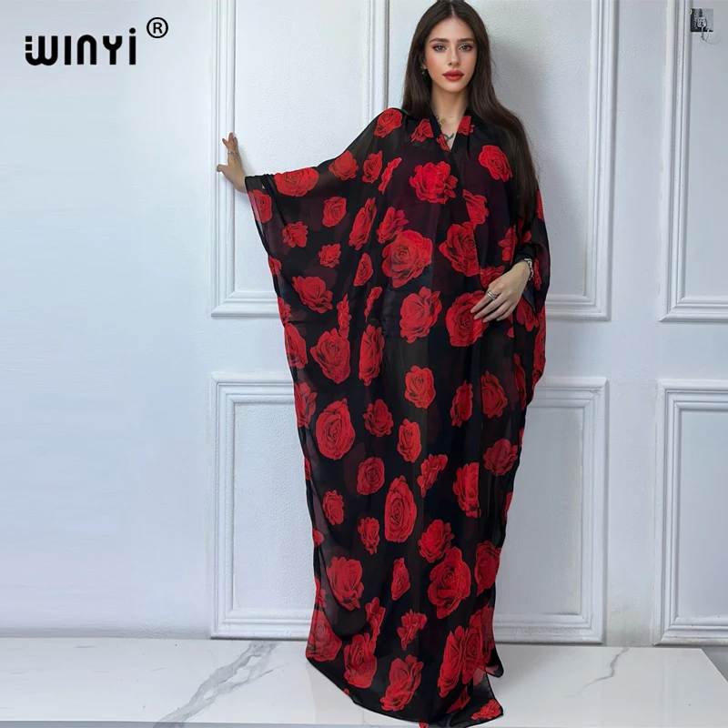 WINYI flower print Kimono Sexy perspective cardigan Blouse abaya dubai beach cover up african dresses for woman evening dress