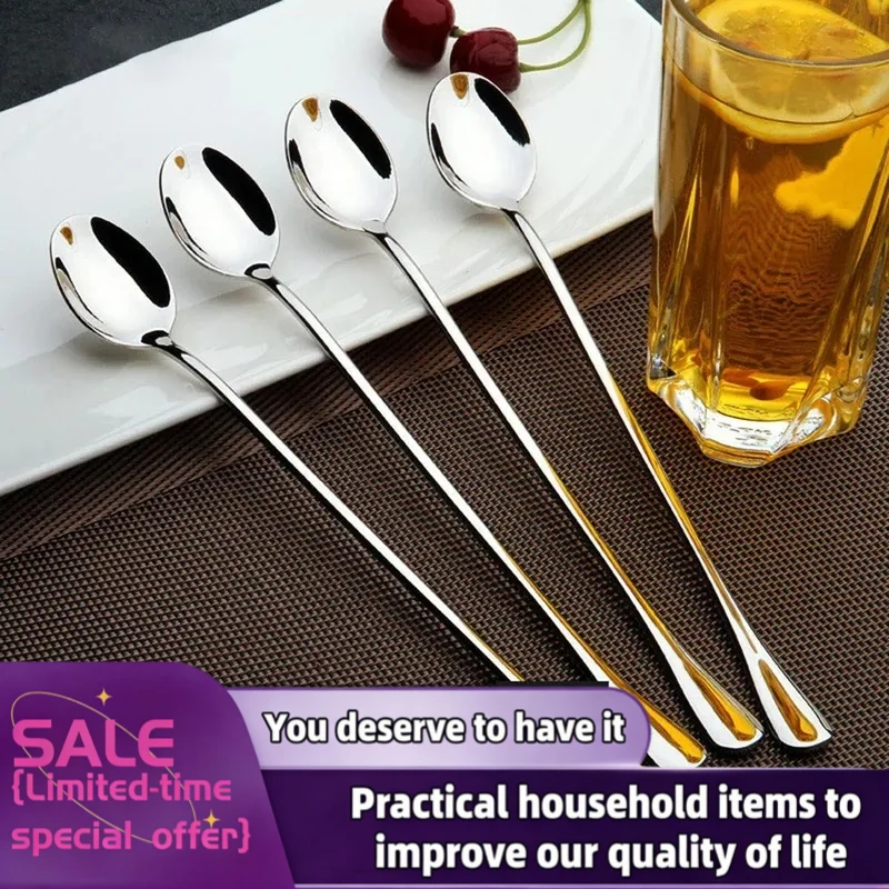 1/6Pcs Stainless Steel Long-Handled Ice Teaspoon, Coffee Spoon, Ice Cream Stirring Spoon, Dishwasher Safe, Kitchen Accessories