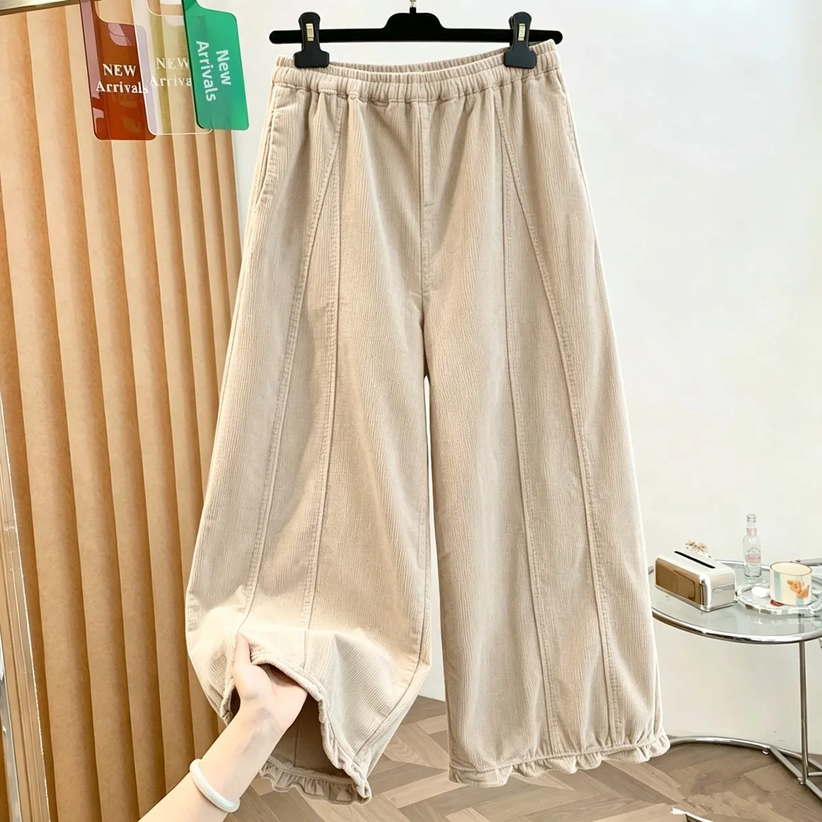 Autumn Winter Corduroy Flower Bud Pants Women's Loose Wide Leg Casual Trousers Elastic Waist Pure Color Lantern Pants