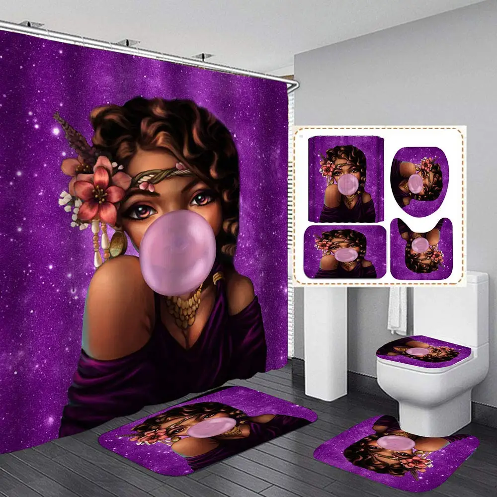 Leuke Loli Afrikaanse Douchegordijn Set Afro Amerikaanse Dame Vrouwen Gekleurd Haar Badkamer Set Antislip Tapijten Wc-deksel Cover Mat Decor