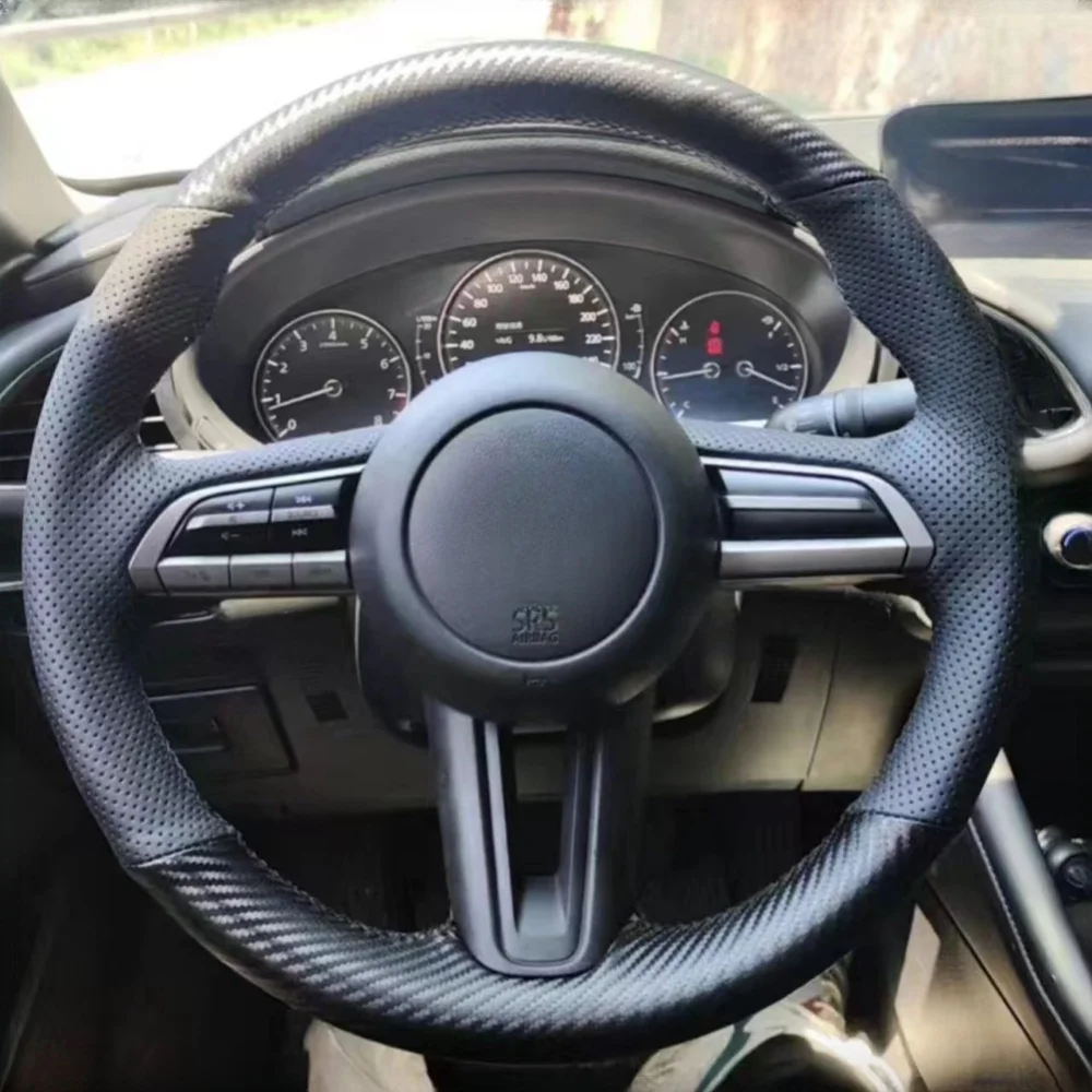 

Car Steering Wheel Cover DIY Carbon Fiber Genuine Leather Hand Sewing For Mazda CX-30 CX30 Mazda 3 Axela Car Accessories