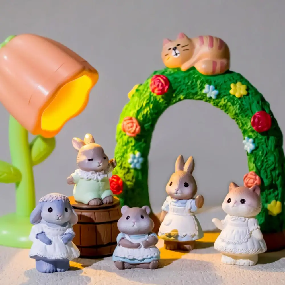 5/10PCS Retro Cottage Bunny Figurines Cute Apron Rabbit Cat Mouse Animal Resin Craft Diy Garden Craft Accessory Easter Decor