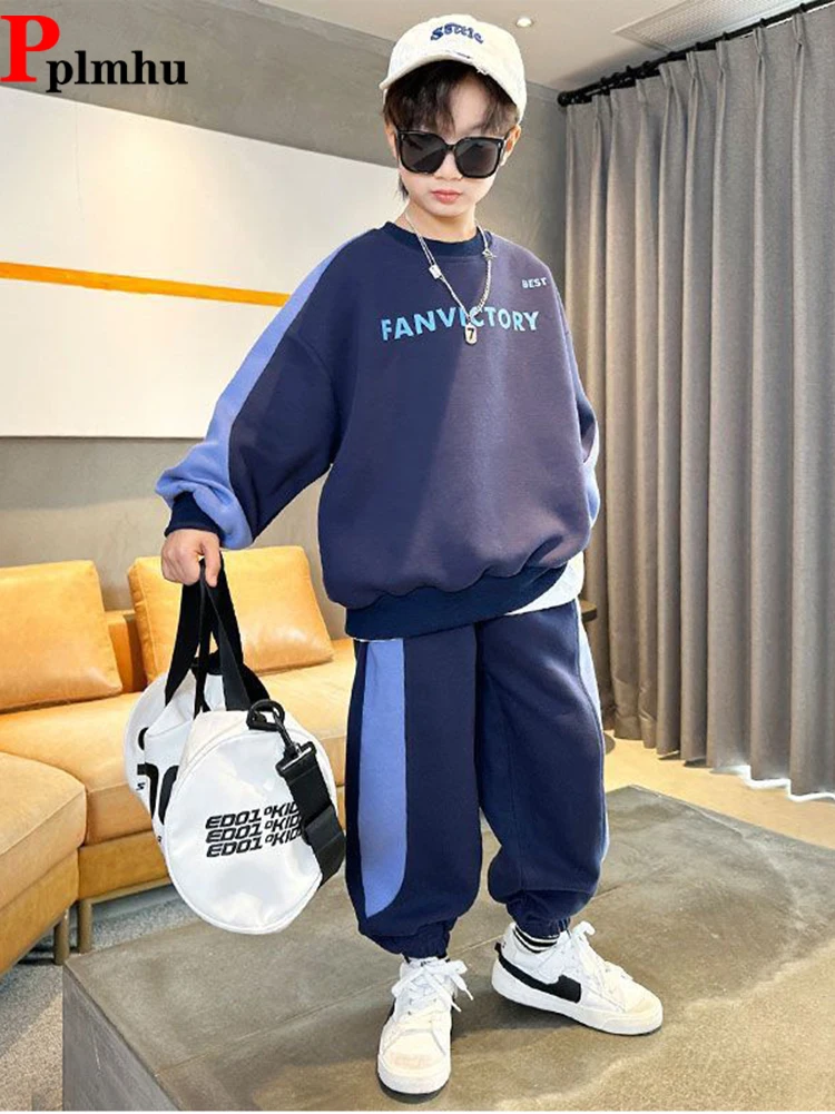 3-14 Years Boys Tracksuit Set O Neck Sweatshirt Tops And High Waist Jogger Pants Outfit Fashion Spliced Children's Conjuntos