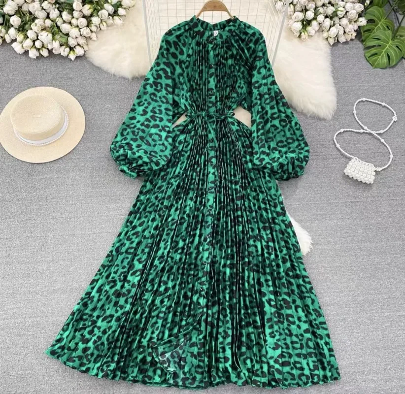 Summer Women Print Long Dress Single Breasted Lantern Full Sleeve Round Neck A Line Dresses High Waist Folds Skirts Ladies 2024