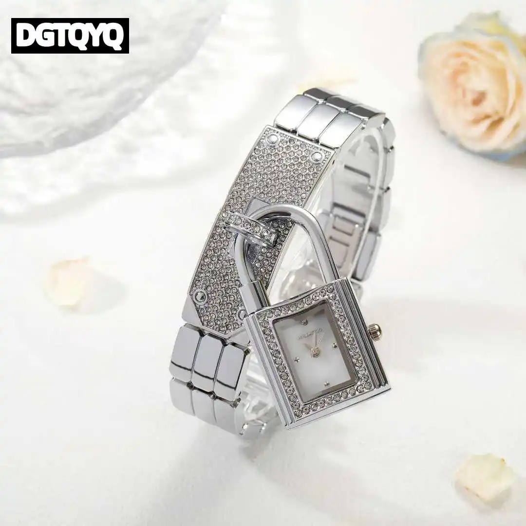 Ladies Sliver Detachable Lock Wristwatch Diamond Rhinestone Inlay Bracelet Quartz Watch for Women reloj para mujer часы женские