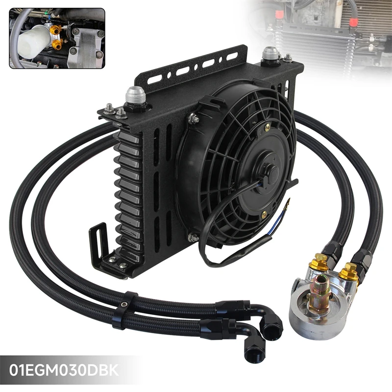 Universal 13 Row AN10 Oil Cooler +7'' Electric Fan Kit 80 °C Thermostat Filter Adapter 3/4x16UNF and M20x1.5 Black/Blue