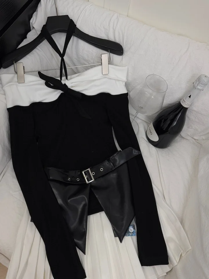 Ele Color Blo oulder Long Sve Blouse with f Skirt Pleated Ne Hanging Design Autumn Winter New Arrival