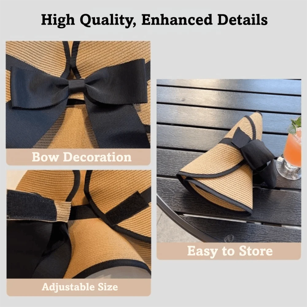 Elegant Round Summer Straw Hat Large Brim Bowknot Design Empty Top Sun Hat UV Protection Foldable Wide Brim Hat for Women