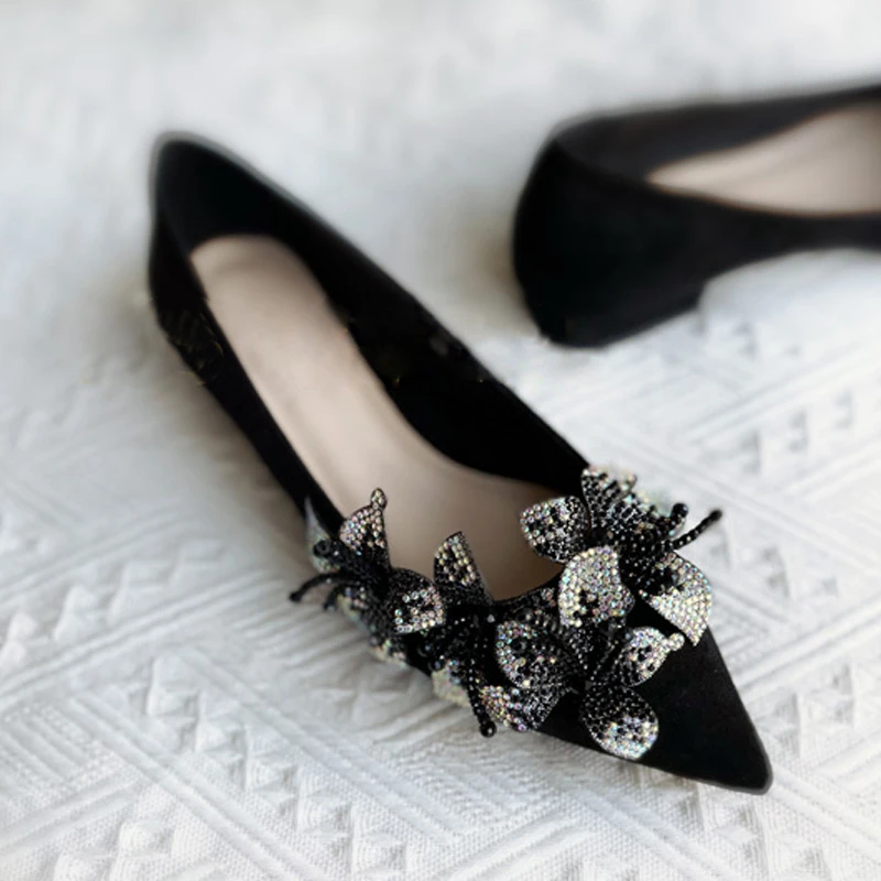 

Sexy Woman Mixed Color Rhinestone Flower Med Chunky Heel Velvet Pumps Stereo Crystal Flower Pointed Toe Wedding Dress Shoes