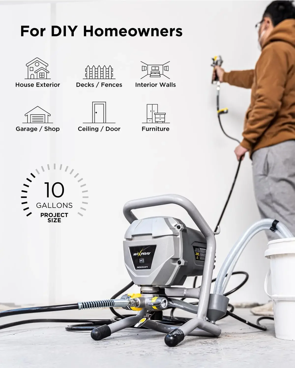 MaXpray M1 Airless Paint Sprayer, Highly Efficient Thinning-Free Minimal Overspray, Comes with Sprayer Accessories