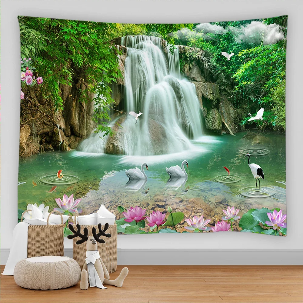 Natural Rural Scenery Wall Hanging Plant Flowers Birds waterfall landscape Tapestry Wall Cloth Beach Mat Blanket Home Decoration