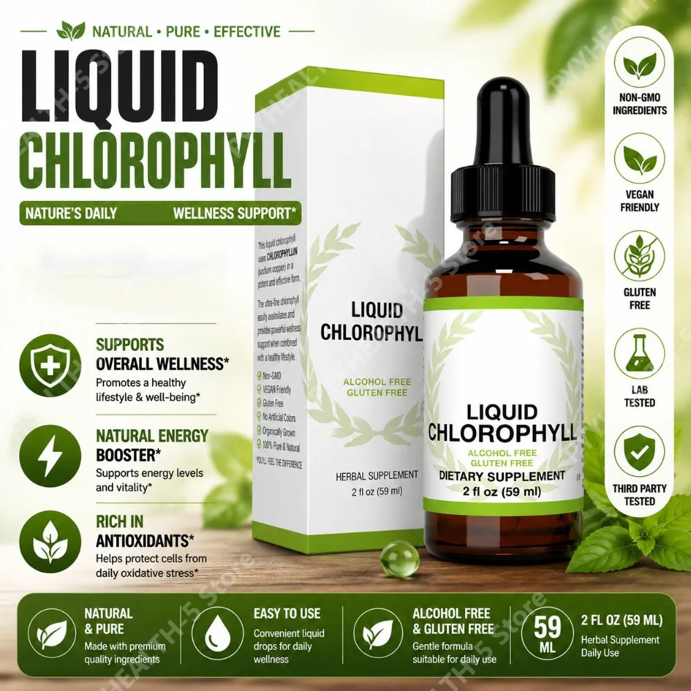 

Liquid Chlorophyll Drops 59ml Plant Based Dietary Supplement with Copper and Peppermint Oil Alcohol Free Wellness Support