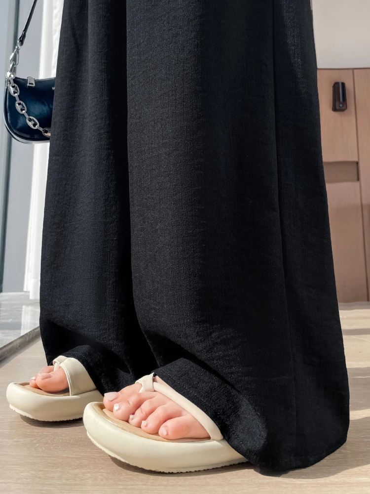 Black Ice Silk Cotton Linen Wide Leg Pants Women's Thin Spring Summer Drape Casual Loose Straight Tube Yamamoto Pants