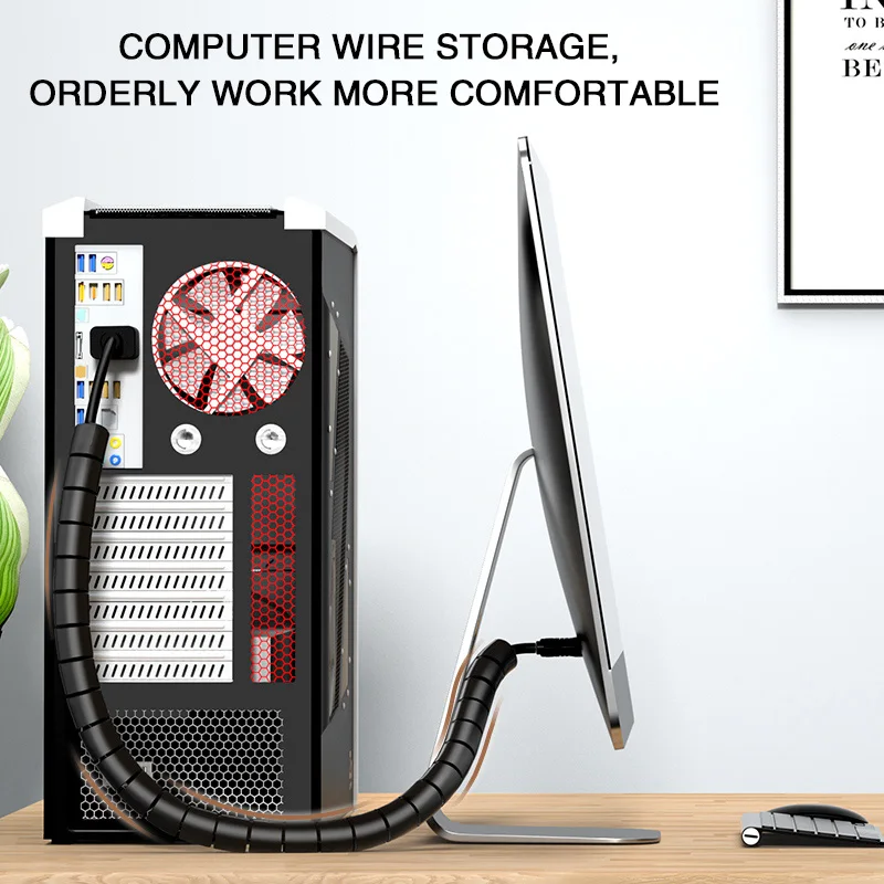 Flexible black coiled cable wire protector sleeve cover for office use managing 3M long power cords and wire organization pipe