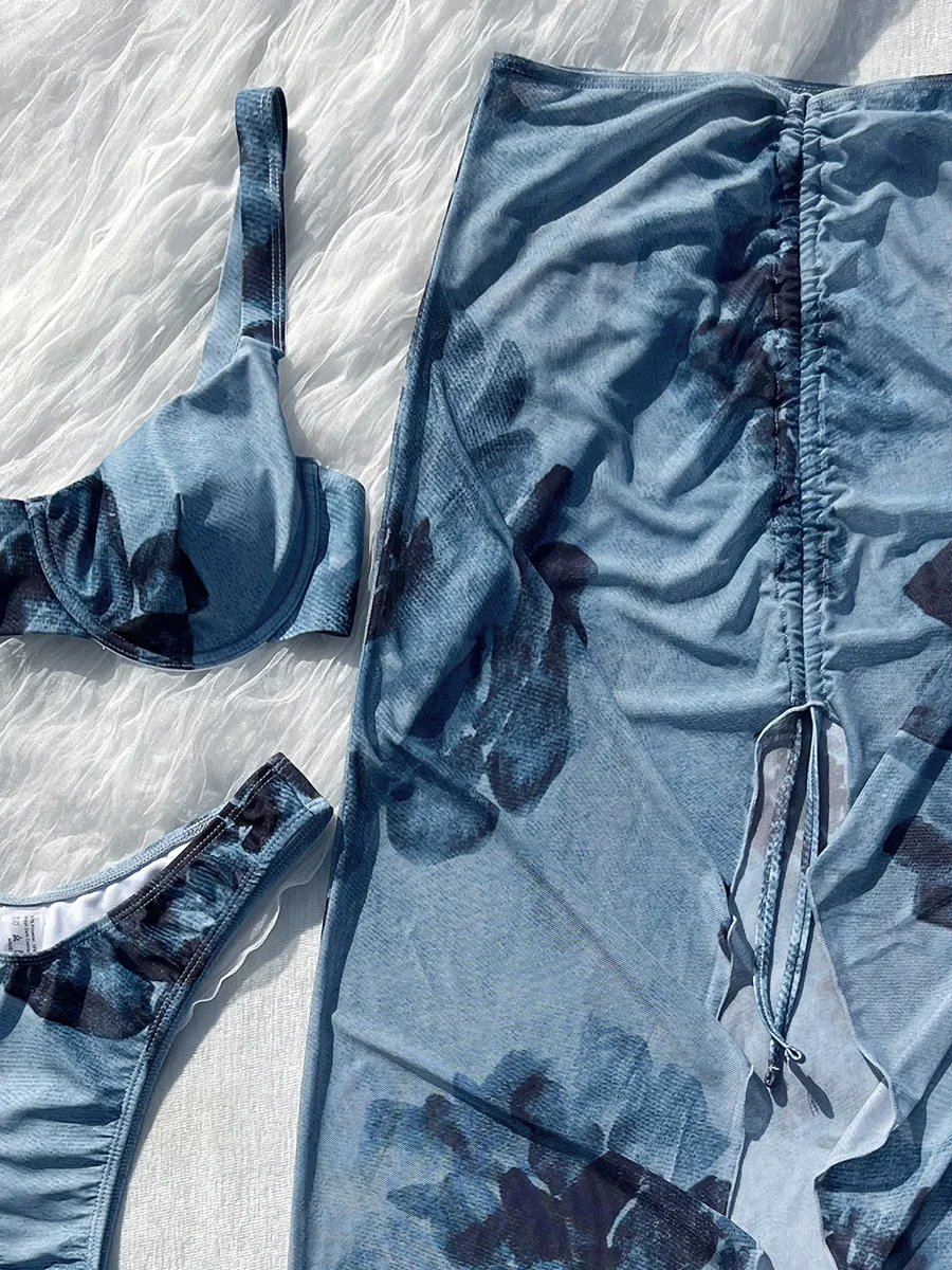 메쉬 롱 스커트와 언더와이어 비키니 여성 수영복 3피스 비키니 세트 수영복 비치웨어