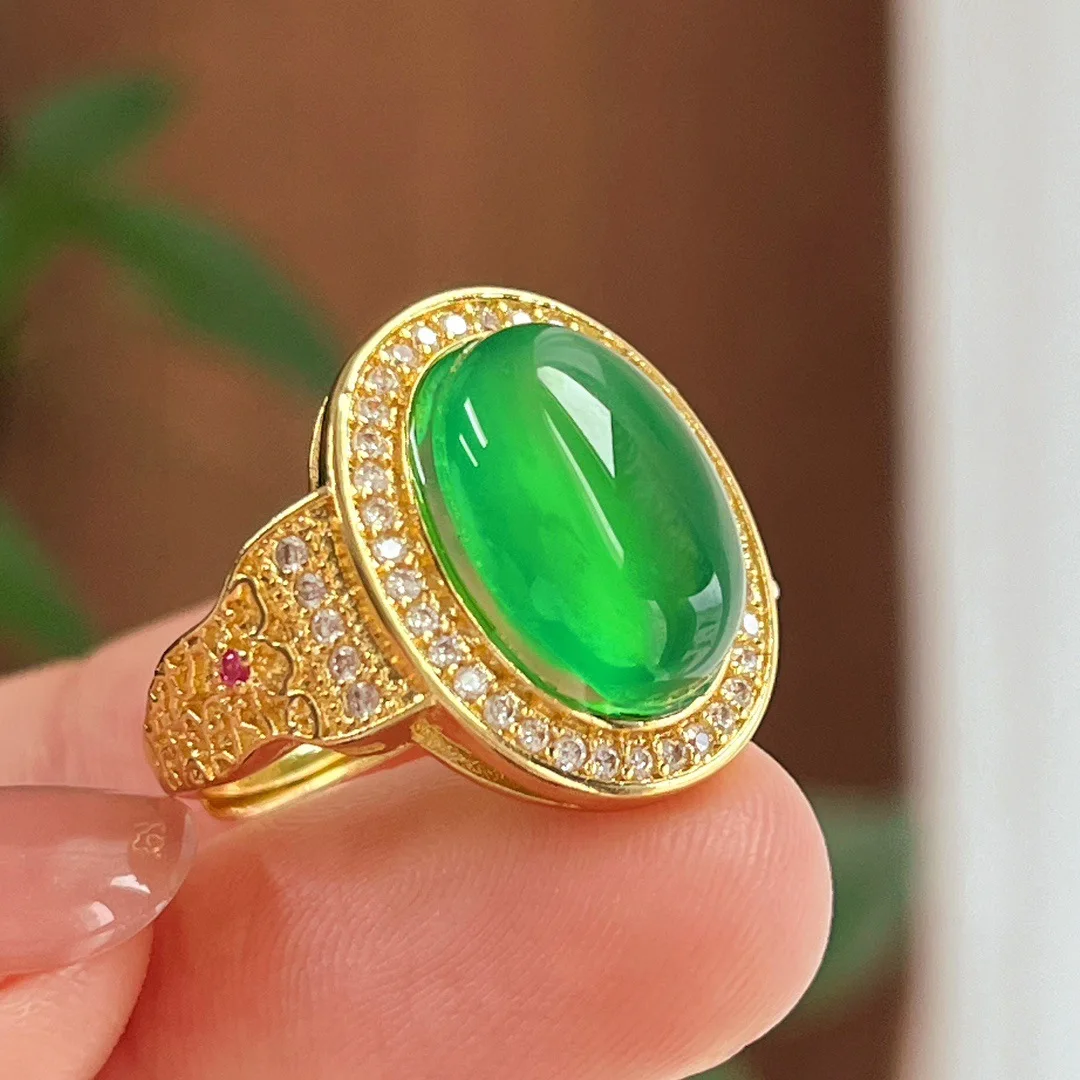 National style retro natural emperor green full green chalcedony agate ring