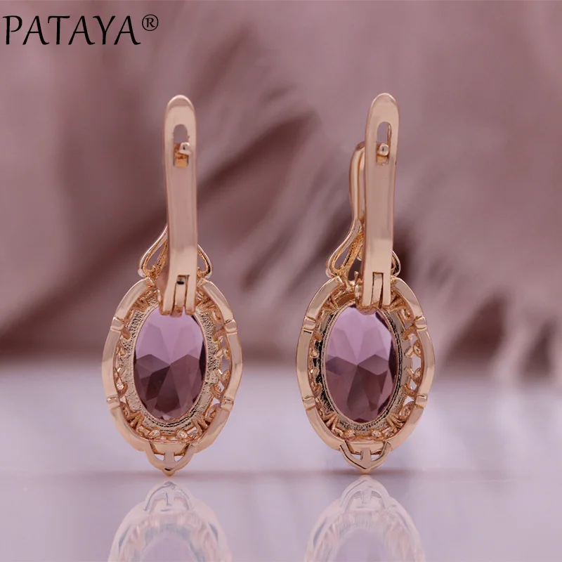 PATAYA Hot Elliptical Natural Zircon English Earrings for Women 585 Rose Gold Color High Quality Daily Jewelry