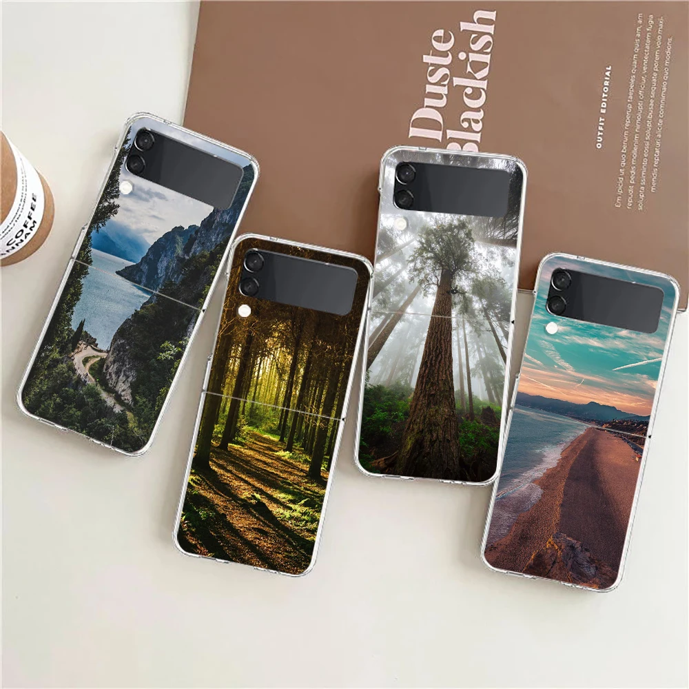 Forest Beach Sunrise Nature Clear Phone Case For Samsung Galaxy Z Flip 3 4 5 Hard Folding PC Shell For Samsung Z Flip3 Cover