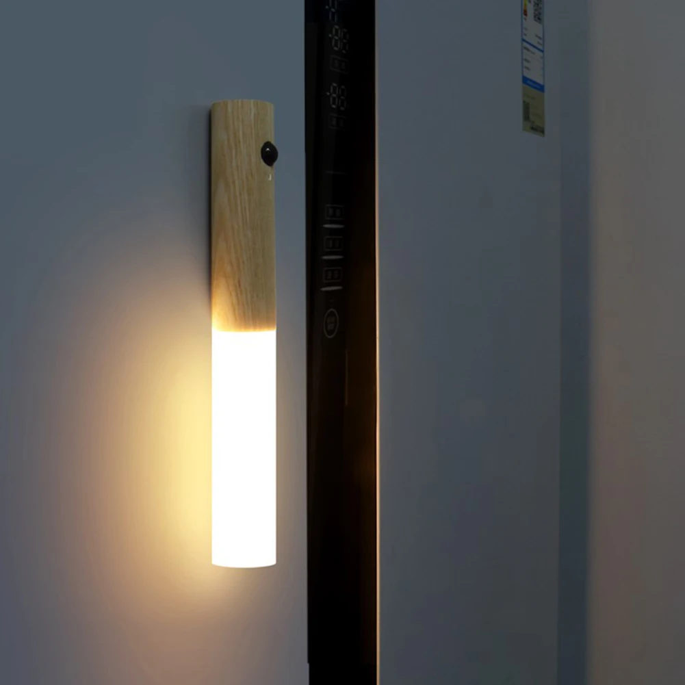 Veilleuse LED USB sans fil avec détecteur de mouvement, anciers en bois, lampe murale chaude, magnétique, couloir, armoire, lumière de garde-robe, décoration intérieure