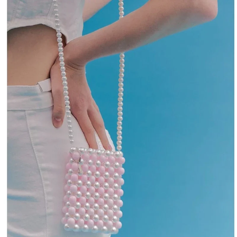 

Cute Girl Pink Pearl Chain Shoulder Crossbody Bags New Women's Spring Summer Small Fresh Versatile Bead Phone Bag Coin Purse