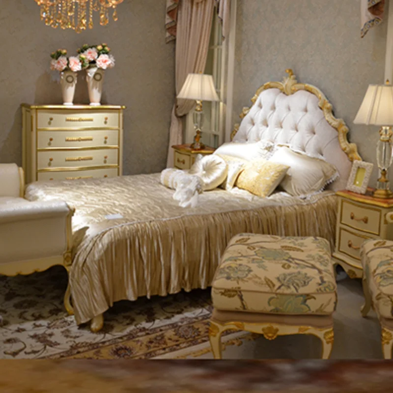 

Double bed, carved wood wedding , beige 1.8m , master bedroom bed