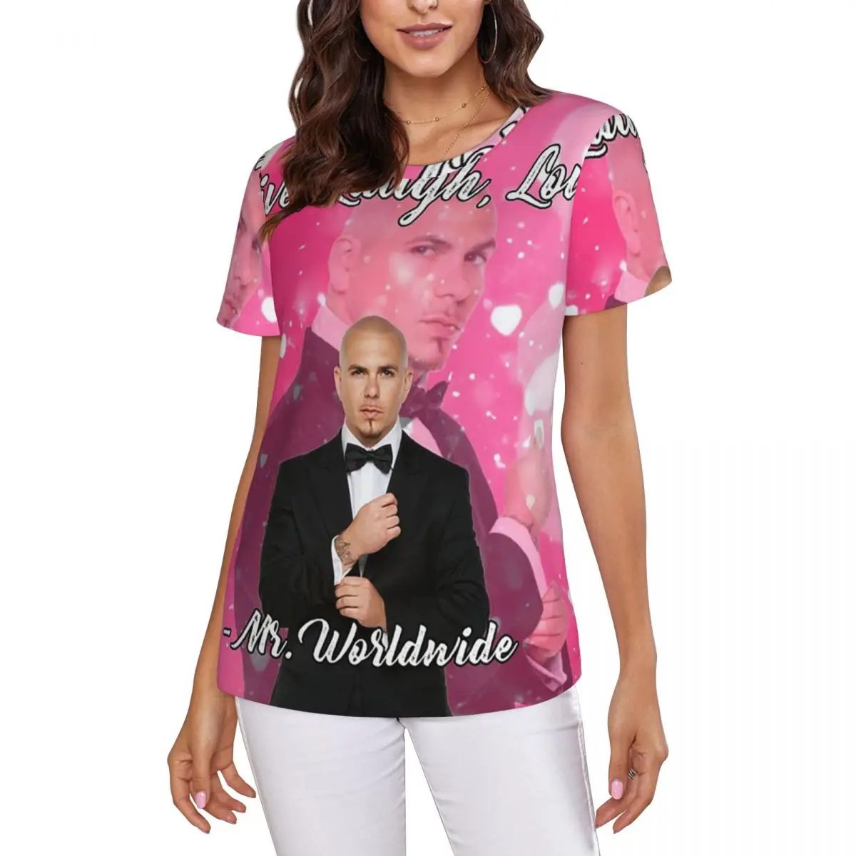 Mr. Worldwide Says To Live Laugh Love Pink T-Shirt Women Short Sleeve T Shirts Round Neck Streetwear Cotton Summer Tees