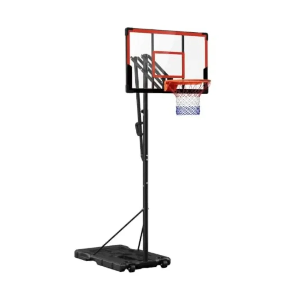 Outdoor portable basketball hoop with 5.5-10FT height adjustment, steel frame, black finish, quick-release mechanism for easy s