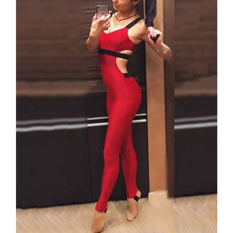 

Krisnanas Red Midriff-baring Jumpsuits for Women 2025 Spliced Vintage Yoga Gym Sportwear Breathable Leggings Long Jumpsuit 52560