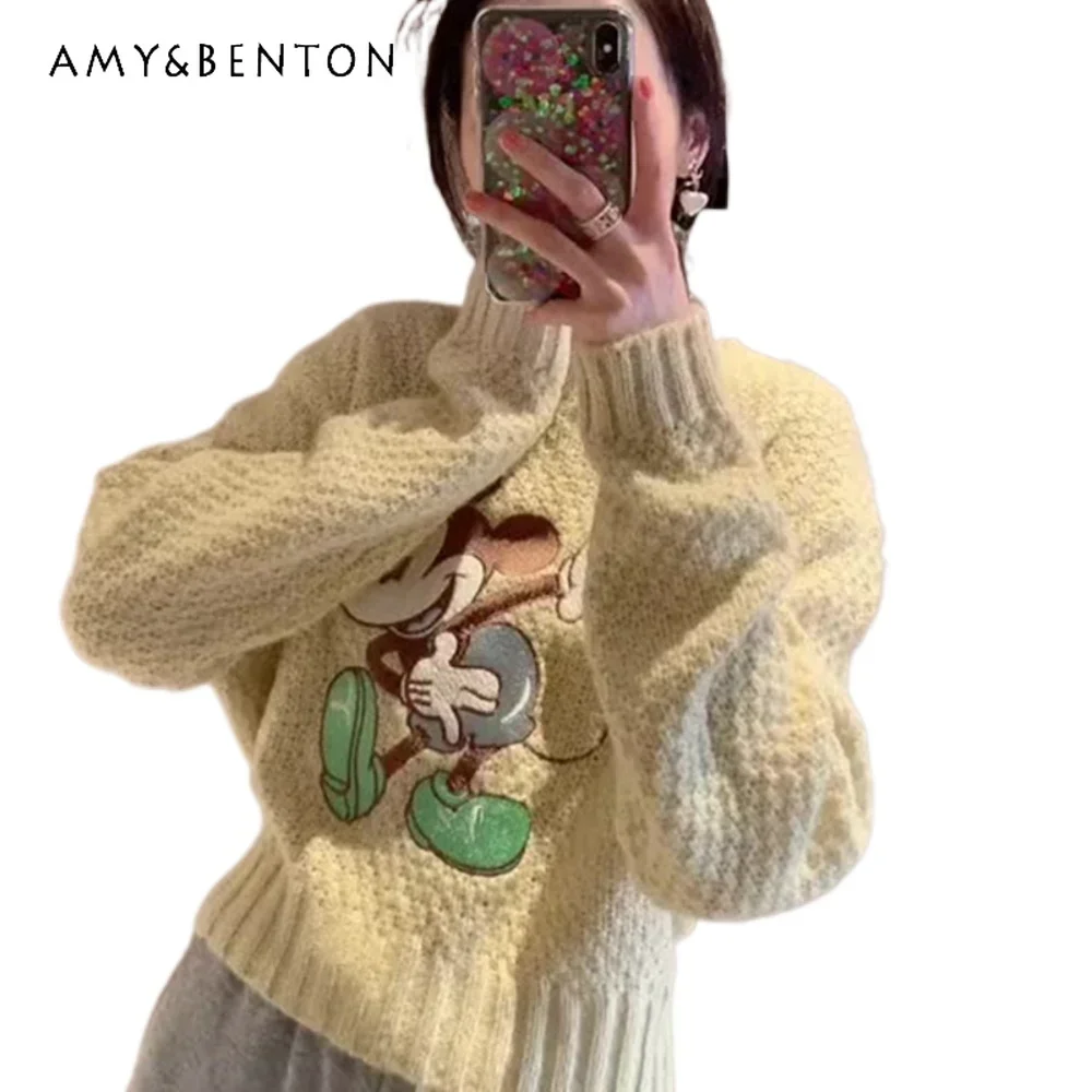 2024 Autumn Winter New American Style Cartoon Design Warm Sweater O-Neck Short Long-Sleeved Knitted Sweaters Y2k Top Pullovers