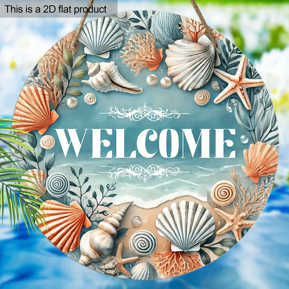 2D Flat, Pendants, Drops & Finials, Printed Wooden Summer Welcome Blue Starfish Seashell Pattern Vacation Gift, Hanging Wooden C