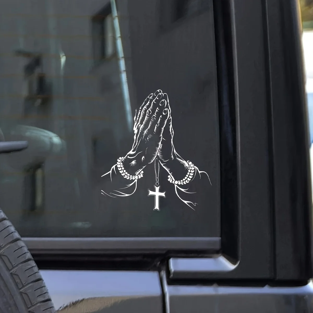 Praying Hands with Rosary Cross Vinyl Car Sticker, Christian Religious Decal for Car Window Bumper, Waterproof Faith Sticker