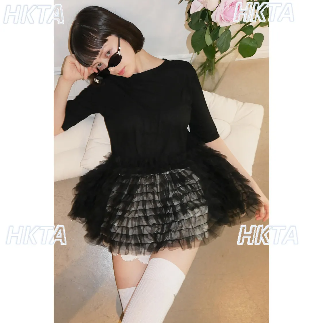 Japanese Sweet Cool Lolita Lotus Leaf Mesh Stitching Ribbed Short Sleeved Top Black Tshirt Autumn Casual Knitted T Shirt Women