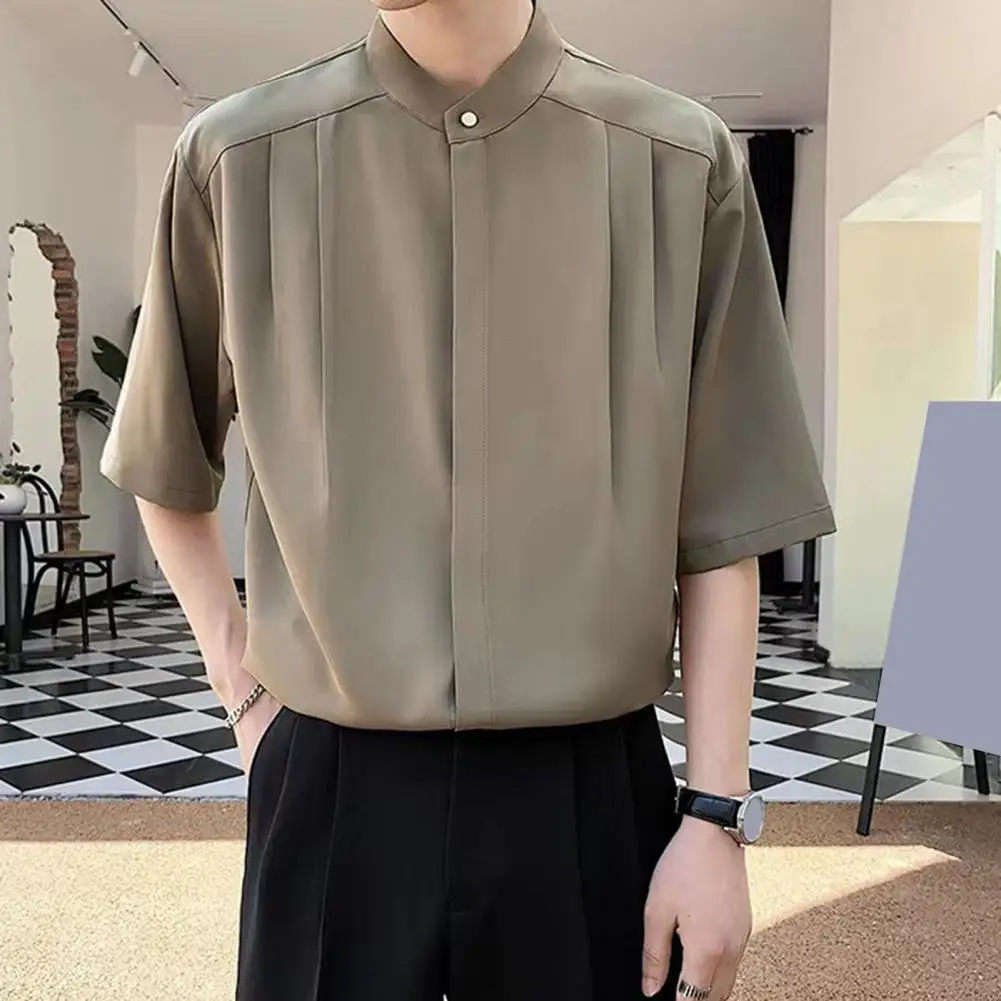 Soft Texture Men Top Stylish Men's Stand Collar Ice Silk Cardigan for Summer Office Wear Pleated Loose Fit Half Sleeves Casual