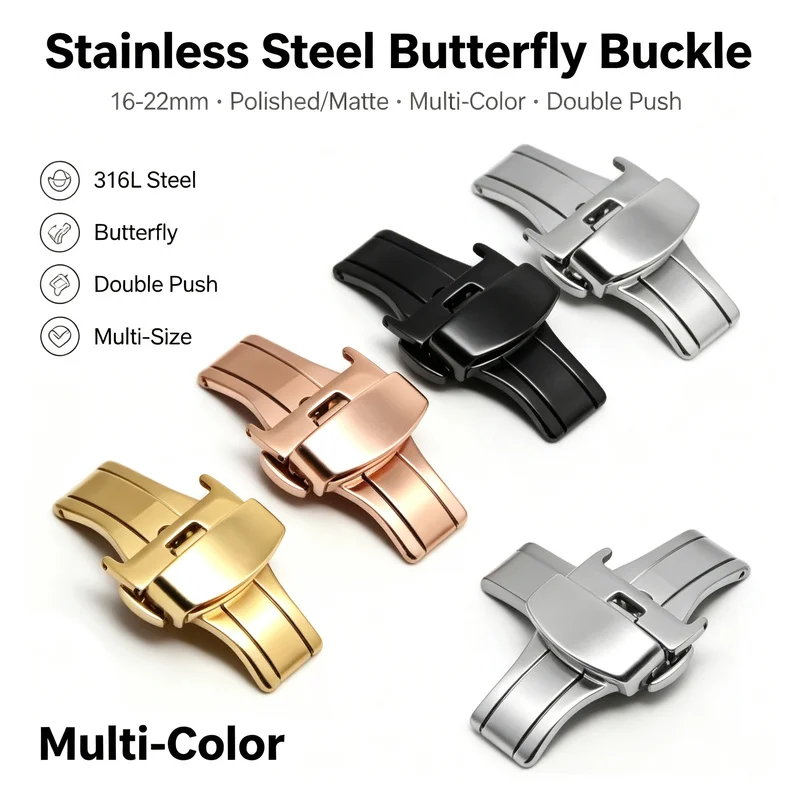 Premium Stainless Steel Butterfly Buckle 16-22mm Polished Matte Multi-Color Double Push Deployment Clasp Watch Strap Accessories