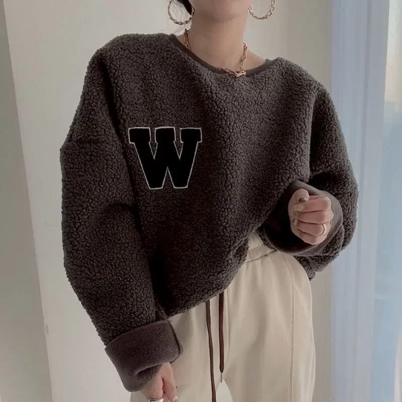 Chic Plush Thicken Pullovers Women Embroidery Letter Pullover Tops Autumn Winter Trend Loose Lamb Wool Warm Sweater Y2k Clothes