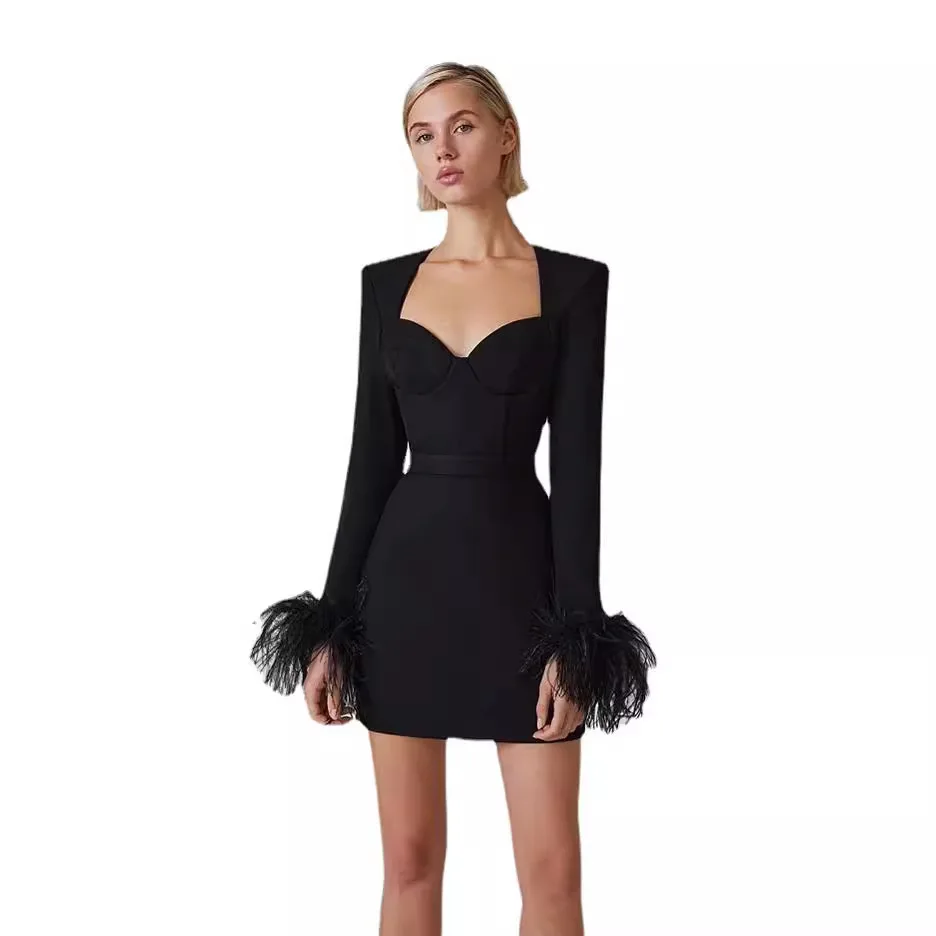 High Quali Women's Long Sve Feather Wrap Dr Bodycon High Waist ort Skirt Basic Sle Spring 2025  Color