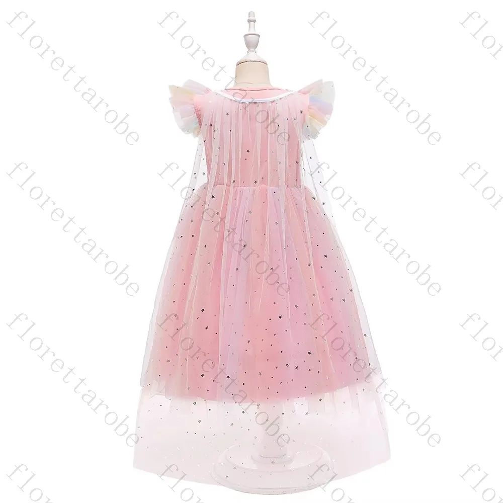 Customized Pink Gradient Flower Girl Dress A Line Short Round Neck Ruffle Sleeve Sequin Tulle Kids Party Princess Gown Elegant