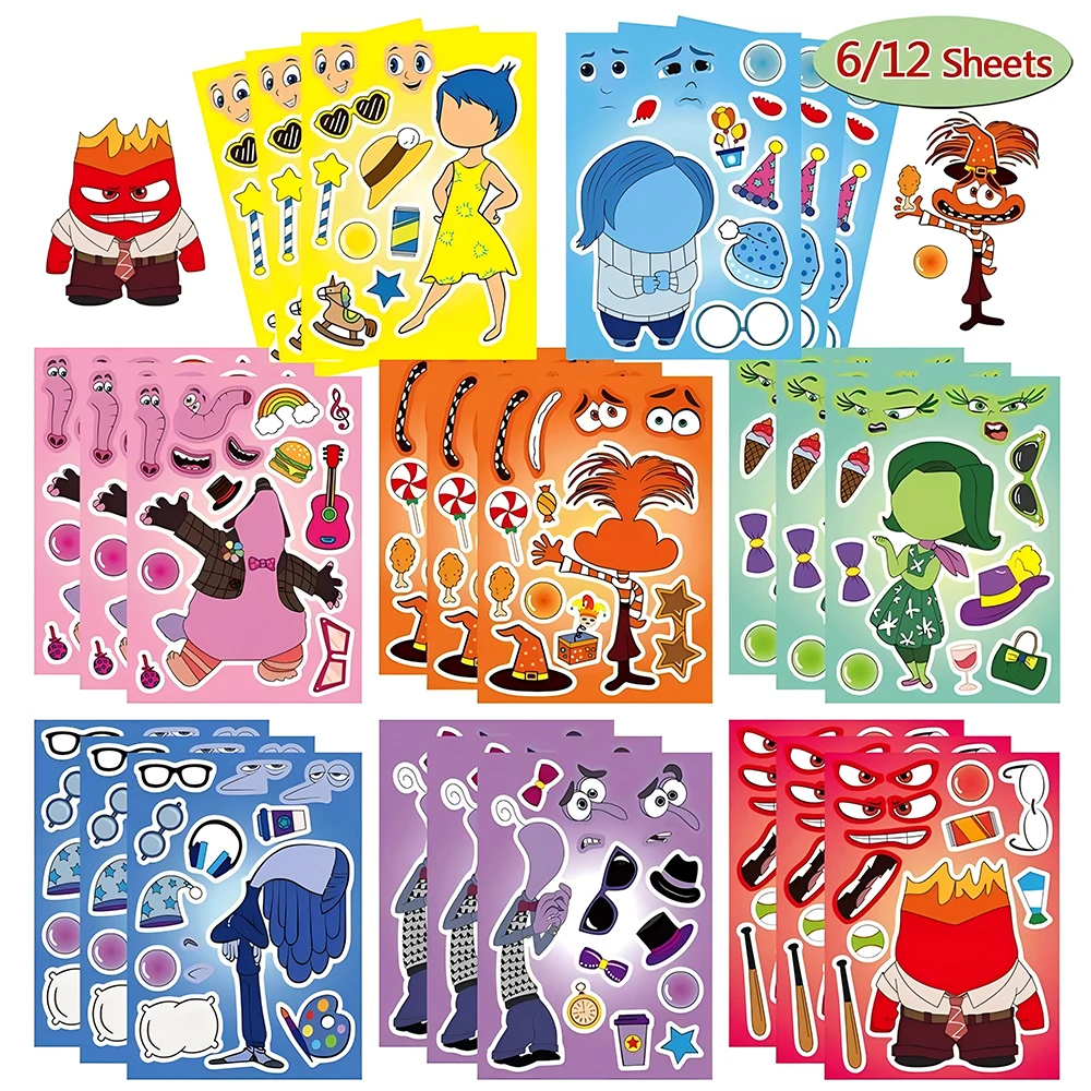 8/16Sheets Disney Inside Out Make a Face Puzzle Stickers Children DIY Cartoon Assemble Jigsaw Kids Education Toy Party Game Gift