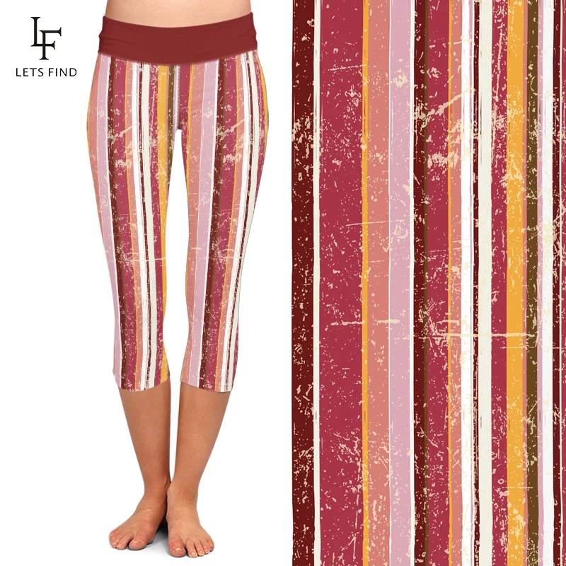 LETSFIND New Women High Waist Capri Leggings Fashion Casual Striped Printing Mid-Calf 3/4 Stretch Leggings for Summer