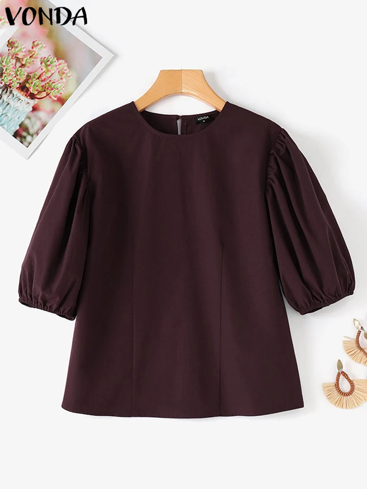 VONDA Office Shirts Women Fashion Elegant Solid Color Blouse 2024 Casual Loose Shirts Summer Puff Sleeve Blusas Oversized