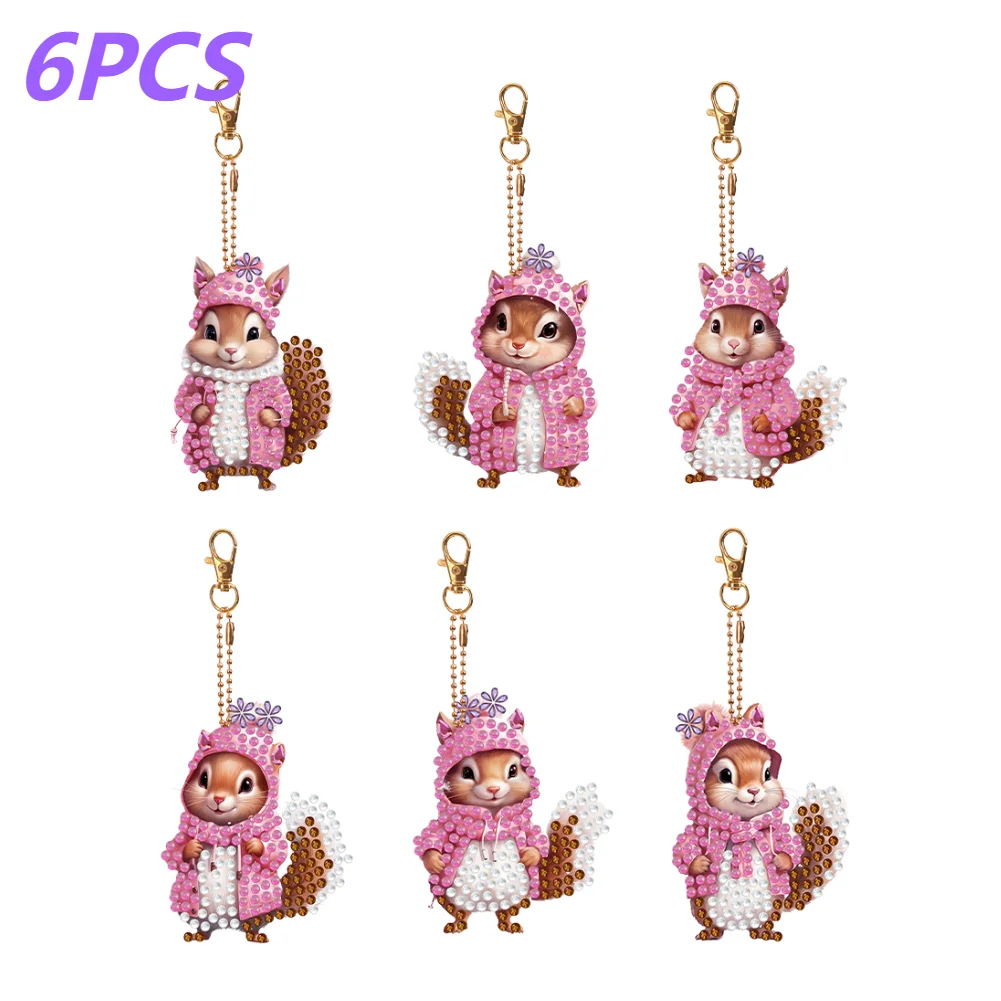 6PCS Full Drill Diamond Art Keyring Cute Pink Squirrel Diamond Painting Keychain Special Shape Rhinestone Painting Pendant