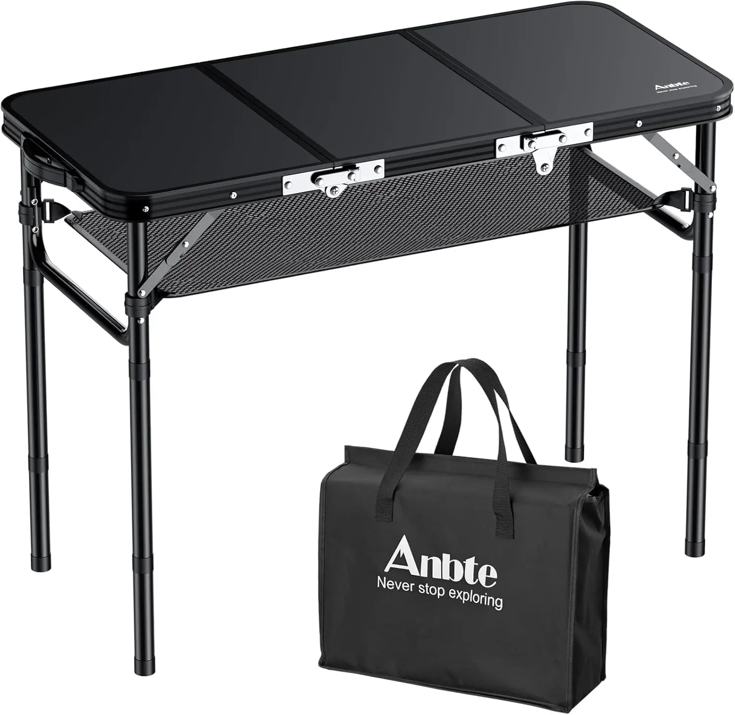 

Folding Camping Table, 3ft, Aluminum, 3 Adjustable Height (27.1"), Storage Net, Portable, Outdoor, BBQ, Black (128 chars)