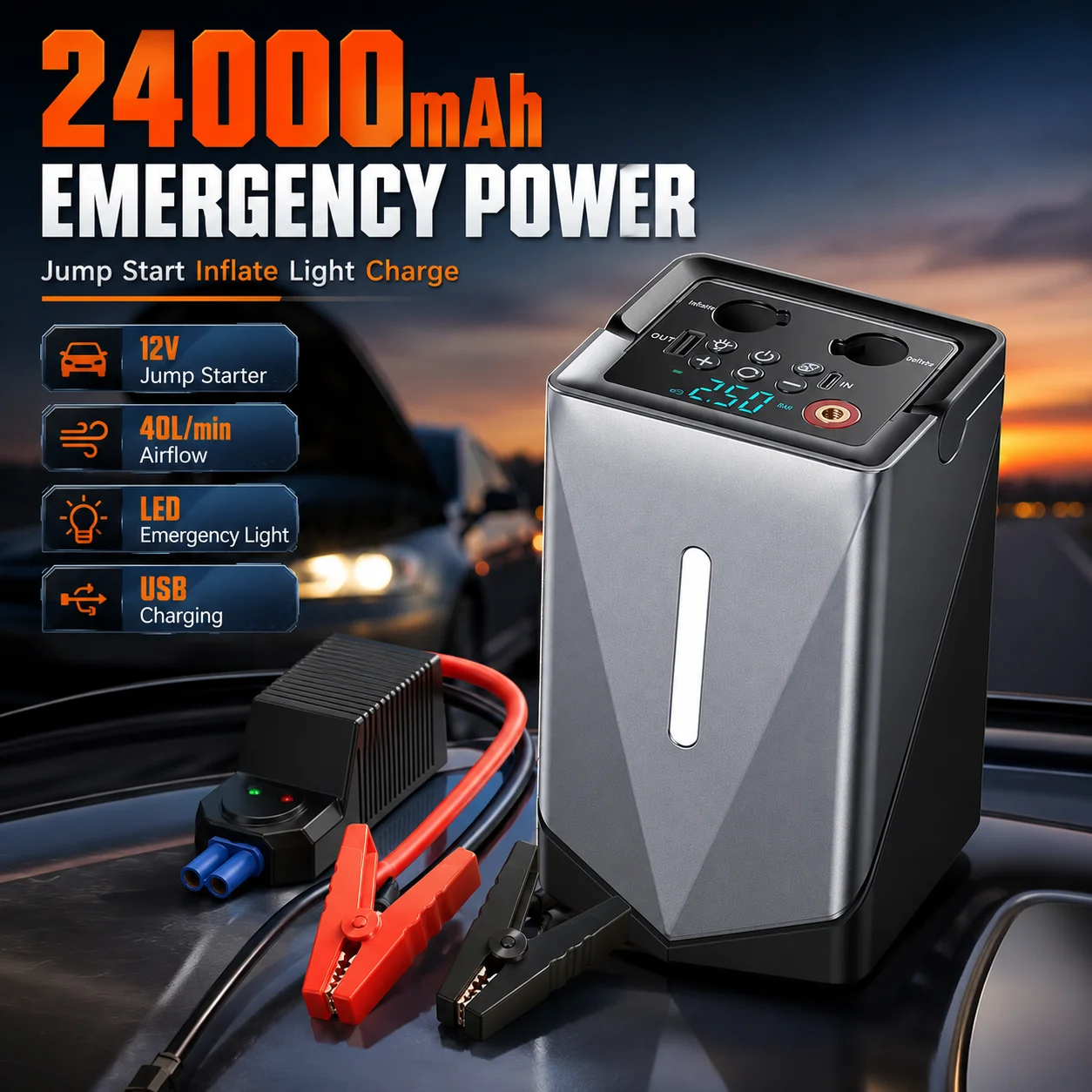 Démarreur de voiture 12V 24000mAh avec compresseur d'air 80W, gonfleur de pneus numérique 40L/min avec manomètre, pinces de batterie intelligentes, lumière d'urgence LED, chargement USB, étui de transport EVA, kit d'alimentation portable pour le bord de route, pour voitures, SUV, camions légers, motos, vélos